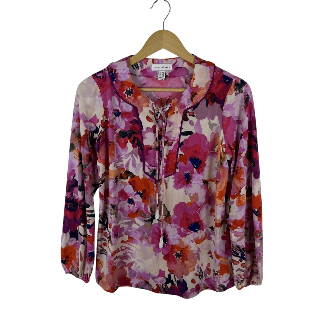 Susan Graver Floral Liquid Knit Top XXS Multicolor Soft Stretch Office Artsy